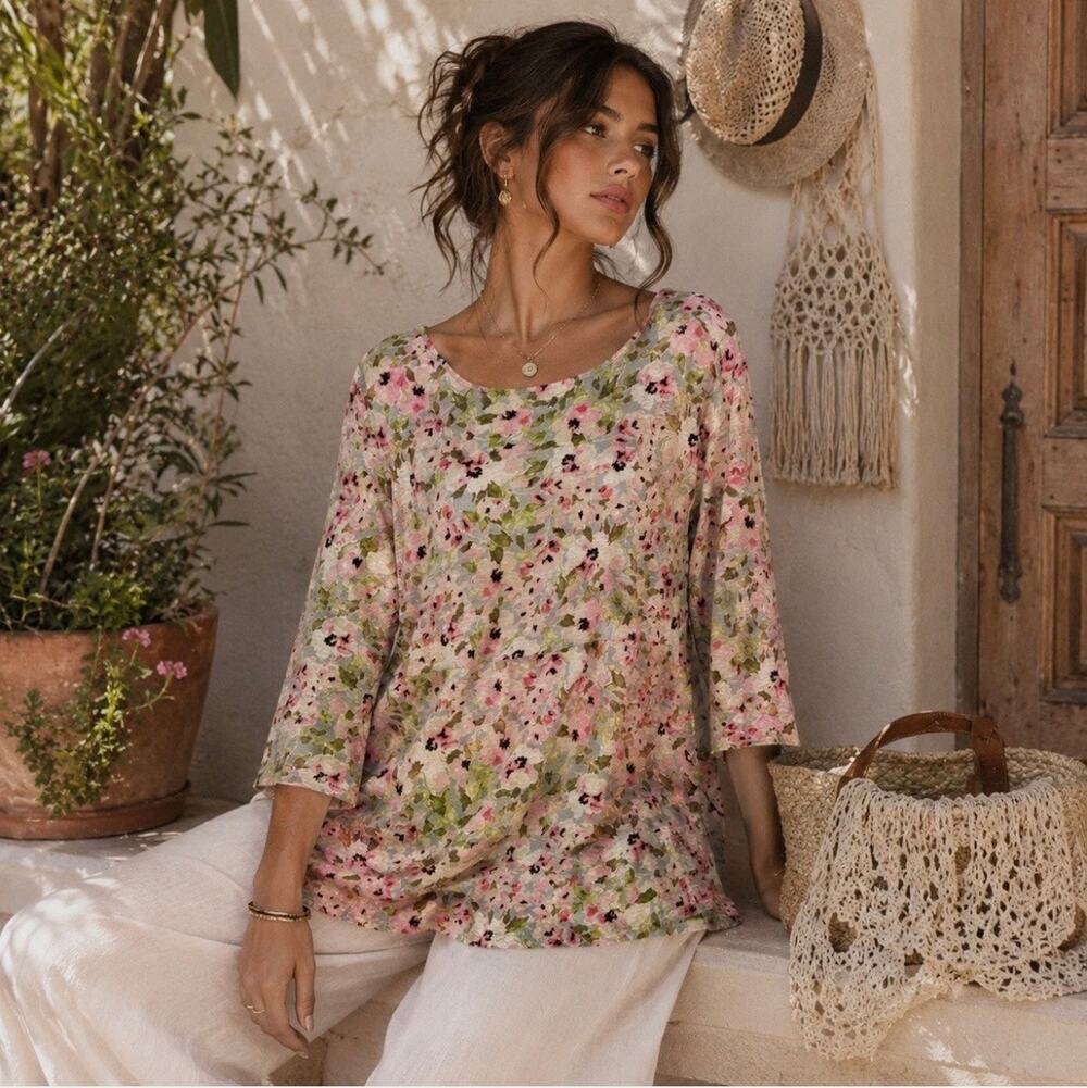 J Jill Love Linen Colorful Floral 3/4 Sleeve Keyhole Back Tunic L Romantic Boho